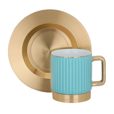 طقم من فناجين القهوة المصنوعة من البورسلين الأزرق مع صحن ذهبي من الصلب ، 12 قطعة