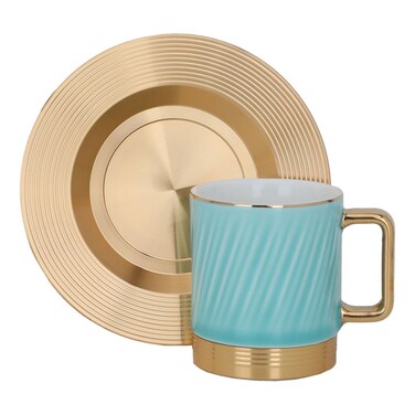 طقم من فناجين القهوة البورسلين باللون الأخضر الفاتح مع صحن ذهبي من الصلب ، 12 قطعة