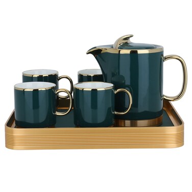 Porcelain Tea Serving Set, 250 ml/1 liter, 4 Cups, Tofaria Golden Green
