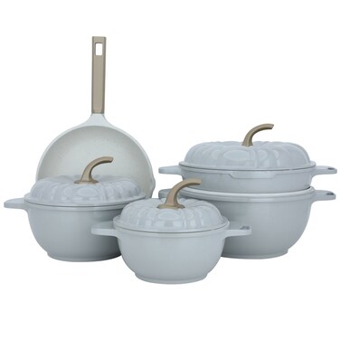 Light Gray Korean Cookware Set With Granite Handle, 9 Pieces
