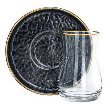 Saif Gallery Glass Tea Set, Black Saucer with Gold Line, 12 Pieces - Black