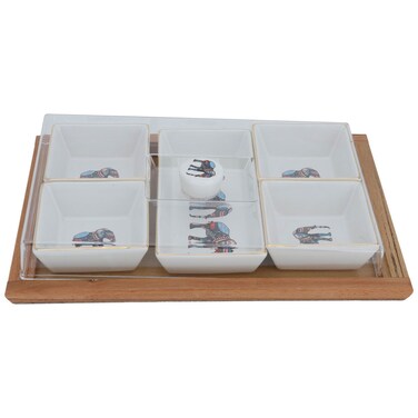 سيف غاليري طقم زبادي بورسلين، حامل، غطاء، 7 قطع - أبيض