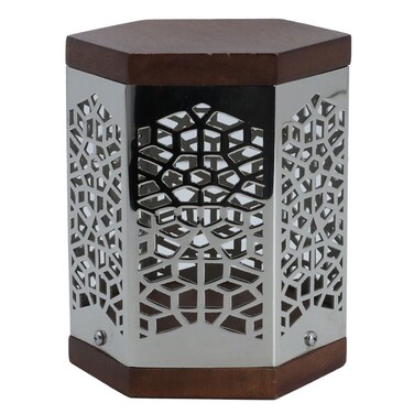 Steel Candlestick with Wooden Cover, Alsaif Gallery, 9&times;9&times;12 cm, Engraved - Silver