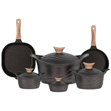 Black Titanium Granite Pot Set With Wooden Handle, 14 Pcs