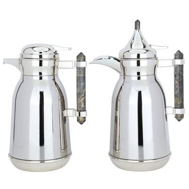 طقم من الترمس الفضي الستانلس ستيل بمقبض رخامي أسود ، 2 ساعة