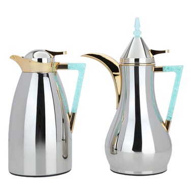 Maha thermos set, shiny nickel, with a light green crystal handle and a golden mouth, 2 pieces