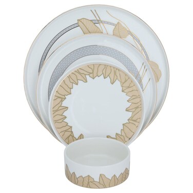 طقم من أطباق التقديم الدائرية البيضاء بنقشة زهرية مع الذهب، 16 قطعة