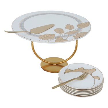 طقم تقديم الكيك (أطباق + شوك + ملعقة كيك) أبيض بنمط أوراق ذهبية
