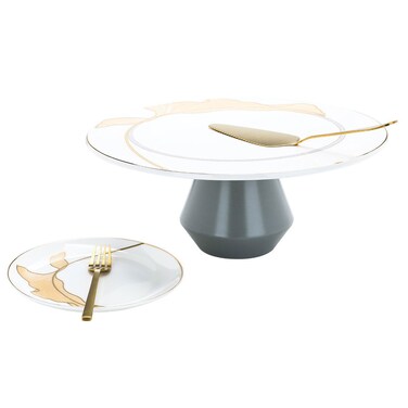 طقم تقديم كيك (أطباق + شوك + ملعقة كيك) ، نمط ذهبي ، 14 قطعة