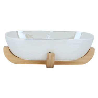 وعاء تقديم بورسلين، 26×14×9 سم، قاعدة خشبية - أبيض