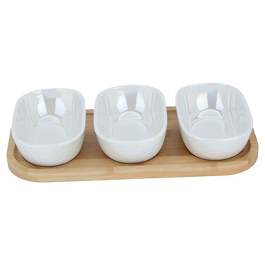 سيف غاليري طقم زبادي بورسلين، 3 قطع، بيضاوي عميق، مع طبق خشبي - أبيض