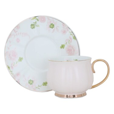 طقم من فناجين وصحون قهوة بورسلين باللونين الوردي والذهبي الفاتح، 12 قطعة