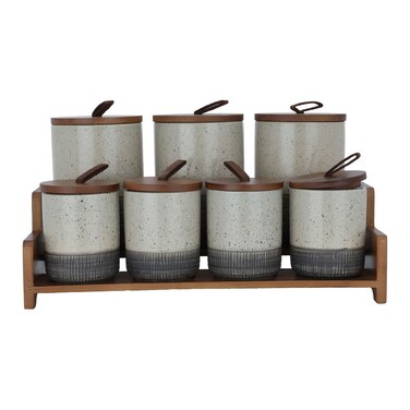 طقم عبوات توابل ألومنيوم، 7 قطع، 700/400 مل، حامل خشبي - رمادي غامق