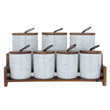 Saif Gallery Marble Spice Jar Set, 7 Pieces, Lid, Wooden Stand - White