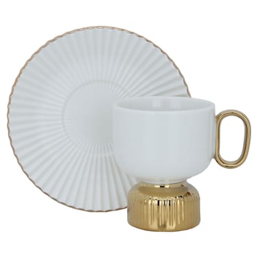طقم فناجين قهوة من البورسلين الأبيض مع قاعدة ذهبية وصحن، 12 قطعة