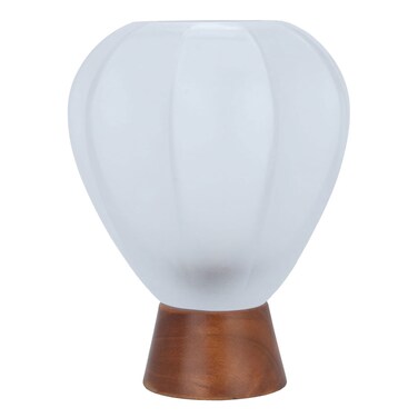 حامل شموع زجاجي، 15.5×15.5×20 سم، قاعدة خشبية - رمادي