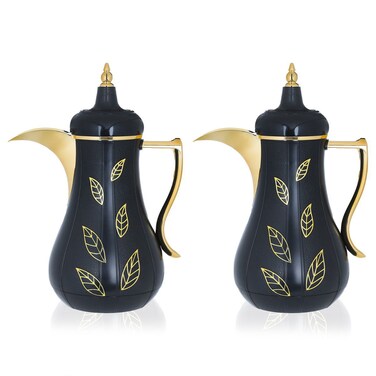سيف غاليري طقم ترمس بلاستيك سلمى، 1+1 لتر، نقش ذهبي، 2 قطعة - أسود