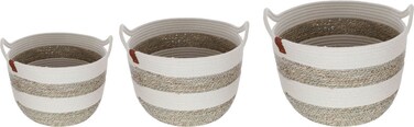 طقم سلال من الخوص الدائري العميق مع مقابض، 3 قطع - بيج/أبيض