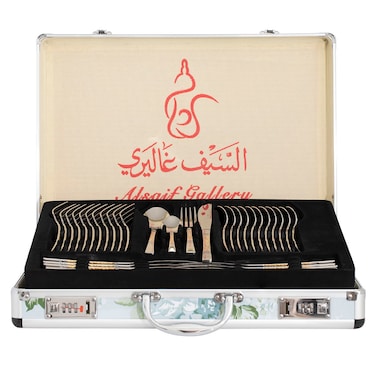 طقم ملاعق من الستانلس ستيل من سيف غاليري مع علبة من الألومنيوم، 72 قطعة، نمط ذهبي فضي