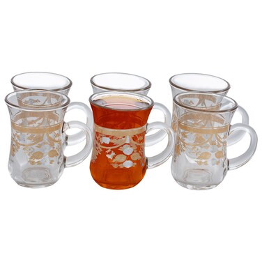 طقم إبريق شاي زجاجي ماكس، منقوش ذهبي وفضي، 6 قطع - شفاف