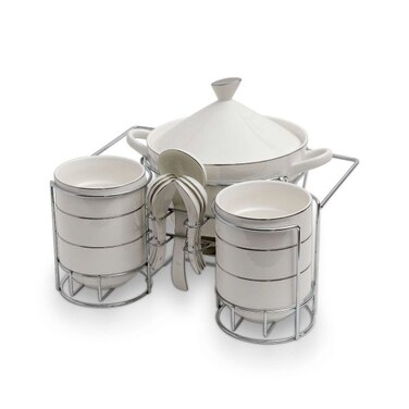 طقم شوربة بورسلين أبيض أكثر مع حامل فضي، 15 قطعة