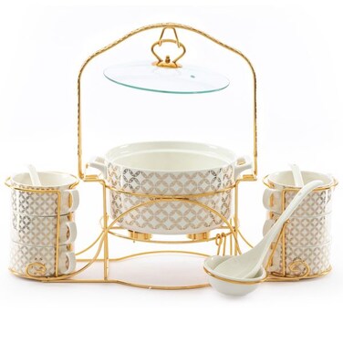 شوربة بورسلين ذهبية منقوشة مع حامل ذهبي ، 18 قطعة