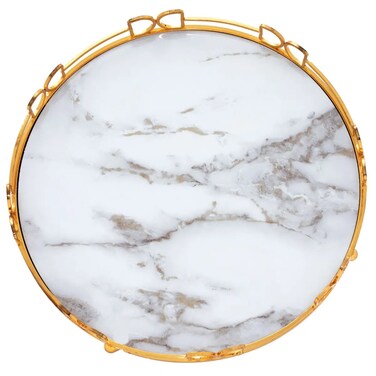 Saif Gallery Stainless Steel Serving Tray with Gold Rim, 40 x 40 x 4 cm, Round, Marble - White