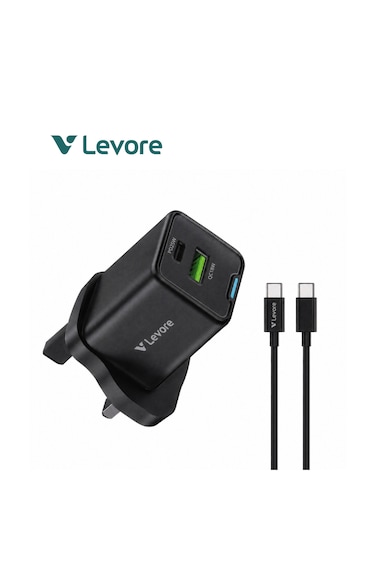 شاحن جداري ليفوري بتقنية GaN للشحن السريع بمنفذ USB-C ومنفذ USB مع سلك شحن وبقوة 25 واط - أسود