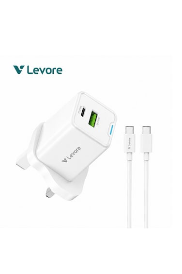 شاحن جداري ليفوري بتقنية GaN للشحن السريع بمنفذ USB-C ومنفذ USB مع سلك شحن وبقوة 25 واط - أبيض
