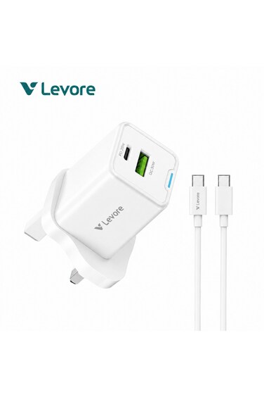 شاحن جداري ليفوري بتقنية GaN للشحن السريع بمنفذ USB-C ومنفذ USB مع سلك شحن بقوة 35 واط - أبيض