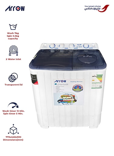 Arrow&nbsp;Twin Tub 7kg Semi Automatic Washing Machine, 400 Watt   7 KG Wash Capacity   5.5 KG Spin Capacity   Light Grey Color   15 Wash Timer  5 Spin Timer  Model Name: RO-08TTB