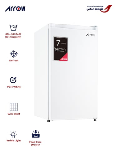 ثلاجة أرو ذات الباب الواحد، سعة 86 لتر، 3 قدم مكعب، مع رف سلكي وإضاءة داخلية، موفرة للطاقة، تبريد بتقنية إزالة الجليد، لون أبيض، RO-135RDK