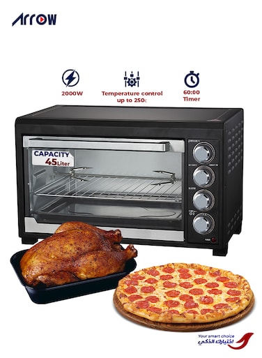 فرن كهربائي ارو 45 لتر 2000 واط مع شواية ووظيفة الشواية ومؤشر ضوئي للطاقة ومؤقت 60 دقيقة وجرس إيقاف التشغيل، RO-45EOB