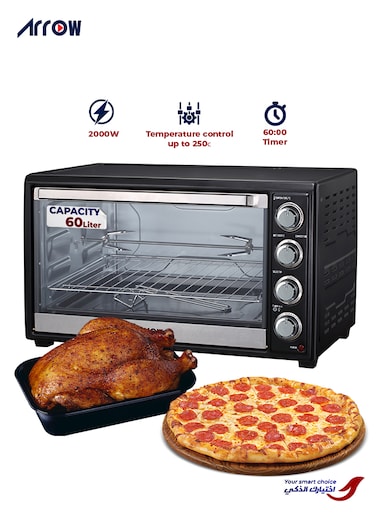 Arrow&nbsp;Electric Oven 60 L 2000 Watts With Rotisserie , Grill Function And Power Indicator Light , 60 Mins Timer &amp; Shut Off Bell ,RO-60EOB