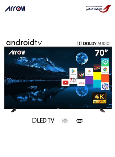 تلفزيون Arrqw 70 بوصة ذكي LED، واي فاي مدمج، تطبيقات ذكية شاهد، يوتيوب، نيتفليكس، اتصال HDMI وUSB، رباعي النواة، 1.5 جيجا بايت رام، 8 جيجا بايت ذاكرة، نظام تشغيل ويب، أسود، RO-70LPW