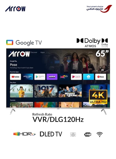 ARROW 65-Inch 4K HDR10+ Smart Android LED TV-Frame Less Design, Mirror Cast And E-Share, HDMIUSB Wi-Fi Input, Netflix, YouTube, Prime Vedio, shahad, RO-65LCS120