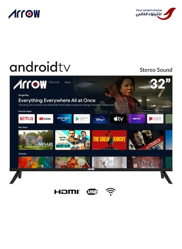 تلفزيون ARRQW 32 بوصة عالي الدقة LED ذكي يعمل بنظام Android - تصميم بدون إطار، Mirror Cast وE-Share، مدخل HDMI/USB/WiFi، Netflix، YouTube، RO-32LPS