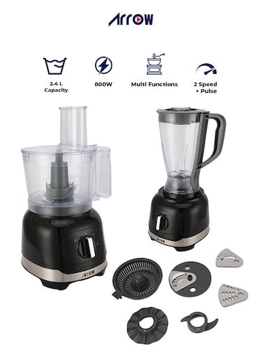 Arrow FOOD PROCESSOR 5 in 1, 2.4L, 800 Watts (Blender/Chopper/Shredder/Slicer/Dough Maker), RO-07FPD-Black + Grey