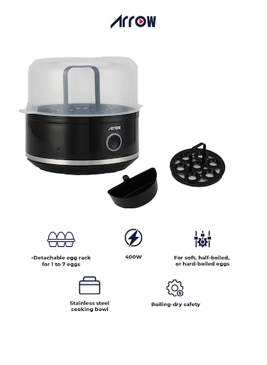 Arrow EGG BOILER, Detachable Egg Rack 1-7 EGG,400 Watts Stainless Steel Cooking Bowl, BLACK COLOR, RO-07EBD