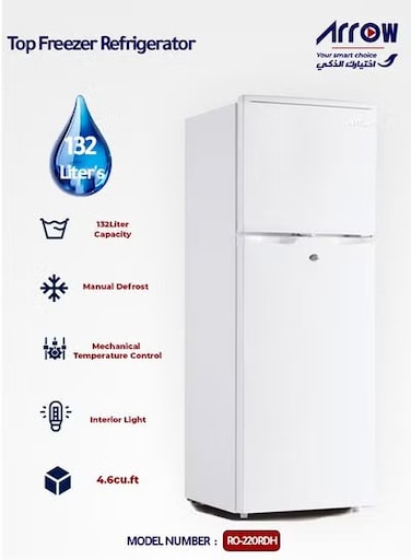 ثلاجة أرو بفريزر علوي، سعة ١٣٢ لترًا، سعة ٤.٦ قدم مكعب، مع تحكم ميكانيكي في درجة الحرارة، وإذابة تجميد يدوية، ورف باب شفاف، وأرجل قابلة للتعديل، وصانعة ثلج عادية   بيضاء، رقم الموديل: RO-220RDH