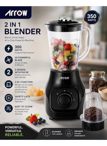 Arrow 2-in-1 Countertop Blender 350W with Grinder, Stainless Steel Blade &amp; 2 Speeds - RO-12PBD