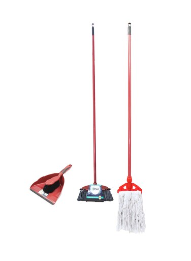 سيبيلو فرشاة مكنسة تنظيف بمقبض طويل + مجرفة مع مكنسة + ممسحة مبللة لتنظيف الأرضيات أحمر/أبيض، كومبو طقم من 3 قطع