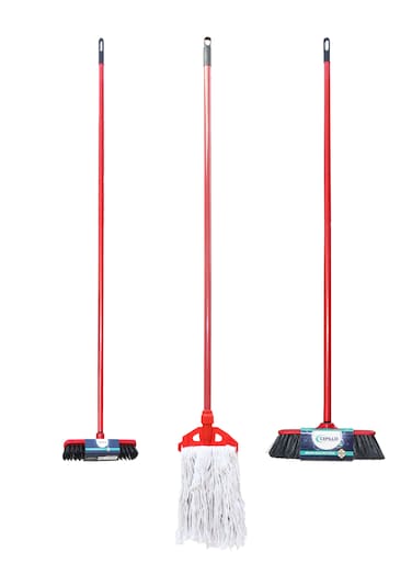 Cepillo Long Handle Cleaning Broom brush 2 SET + Floor Cleaning Wet Mop Red/White, Combo SET OF 3