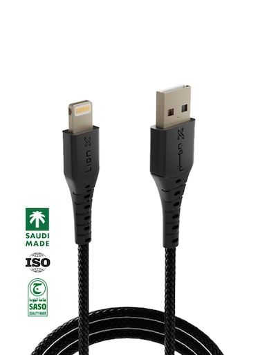 كيبل ليون اكس USB-A - Lightining قماش 2 متر - كابل صناعة سعودية بجودة عالية متوافق مع ايفون 11 و ايفون 12 و ايفون 13 و ايفون 14