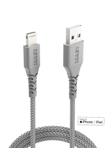 كيبل اي جراي USB-A - Lightining بطول 1 متر - كابل صناعة سعودية و معتمد من ابل و متوافق مع ايفون 11 و ايفون 12 و ايفون 13 و ايفون 14
