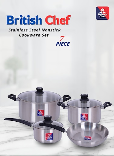 7 Piece Stainless Steel Nonstick Cookware Set   Induction Base, Heavy Base Bottom, 28cm Casserole+Lid, 16cm Sauce Pan, 24cm Fry pan and 20cm Casserole+Lid