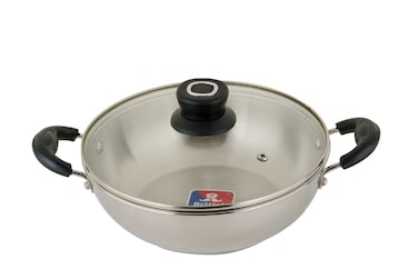 Stainless Steel 22cm Kadai with Glass Lid   Induction &amp; Gas Stove Compatible base  Heat-Resistant Handles   Multipurpose Deep Frying &amp; Cooking Pan