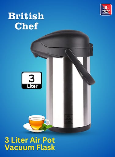 BRITISH CHEF 3Liter Hot &amp; Cold Airpot Flask   Stainless Steel Vacuum Pump with Double Wall Thermos   360 Degree rotation Mechanism   Safety Lock   Thermal Beverage Flask   Black &amp; Silver