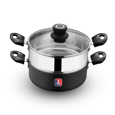 2 in 1 Cooking Pot With Glass Lid, 20cm Multi-Purpose Steamer &amp; Cookware   Non-Stick Base   Stainless Steel Steamer Insert   Heat-Resistant Handles   Induction &amp; Gas Stove Compatible