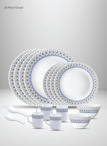 BRITISH CHEF 20 Pieces Opalware Dinner Set   Microwave &amp; Dishwasher Safe   Ocean Dinnerware set with 4-Piece Dinner Plate, 4-Piece Side Plate, 4-Piece Veg Bowl, 4-Piece Mug, 4-Piece Spoons-White